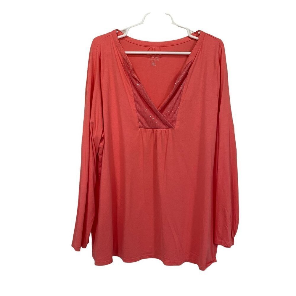 Lane Bryant Top Tunic‎ Coral Orange Sequin Long Sleeve Womens Size 22/24